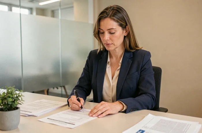 Femme signant un bail locatif de 3 mois renouvelable dans une agence immobilière moderne
