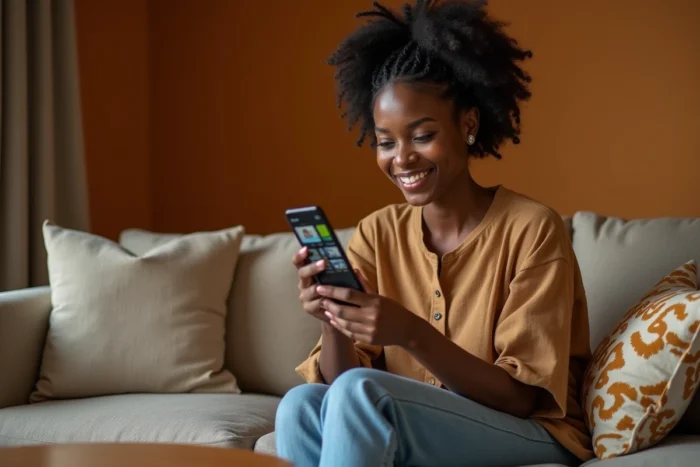 Femme utilisant une application de streaming sur smartphone pour accéder à Wookafr TV depuis son salon