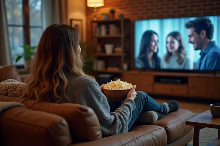 Jeune femme regardant une série en streaming sur sa télévision dans un salon cosy