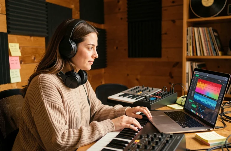 Jeune femme utilisant une interface IA sur son ordinateur portable pour créer une chanson dans un studio d'enregistrement à domicile