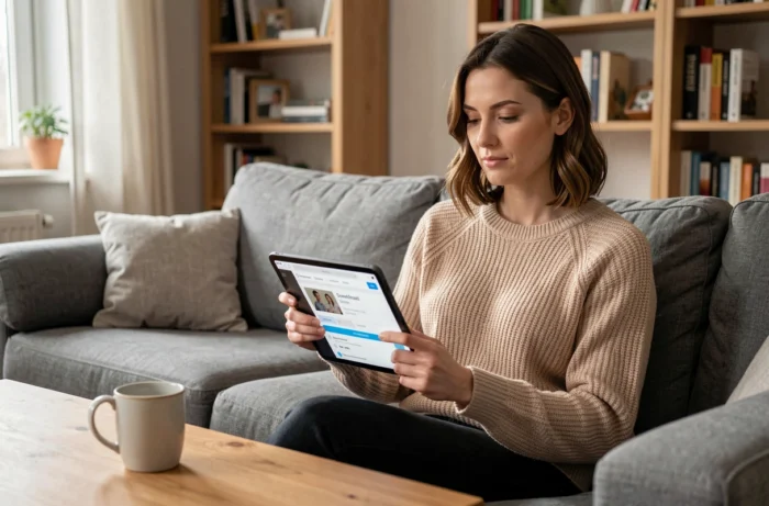 Femme utilisant une tablette pour accéder à une nouvelle adresse de téléchargement depuis son salon