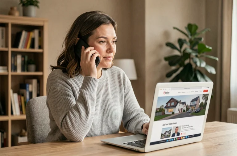 Femme au téléphone contactant le service client de CDC Habitat depuis son domicile