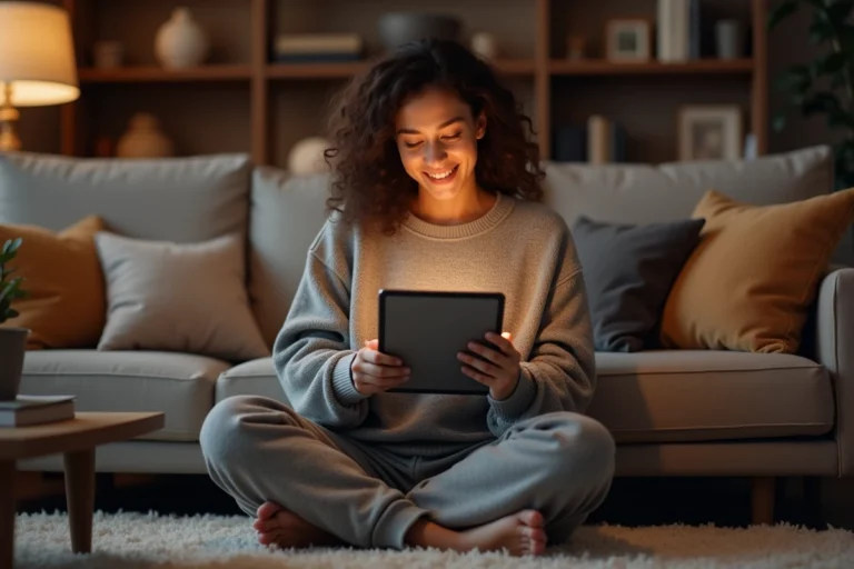 Jeune femme parcourant les tendances des séries TV sur une tablette depuis son canapé