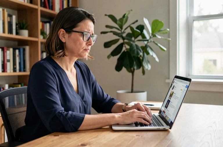 Femme analysant des avis en ligne sur un ordinateur portable pour distinguer les témoignages authentiques des faux avis