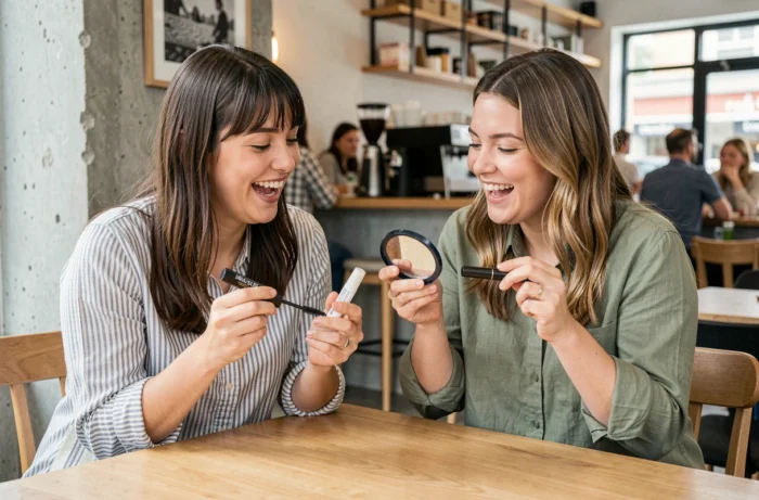 Deux femmes comparant des produits de maquillage pas chers dans un café, mascara et poudre compacte abordables