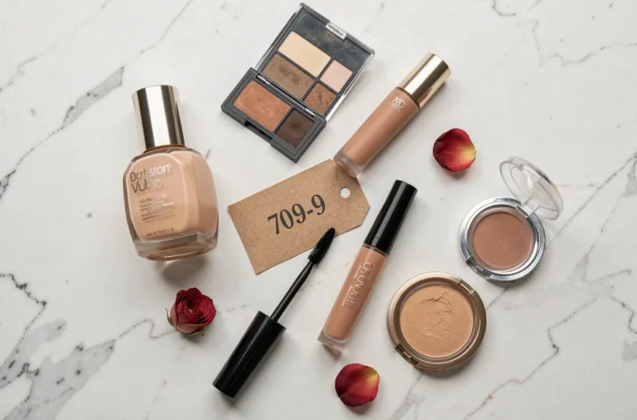Flat lay de produits de maquillage pas chers sur marbre blanc, palette fards à paupières, mascara et fond de teint abordables