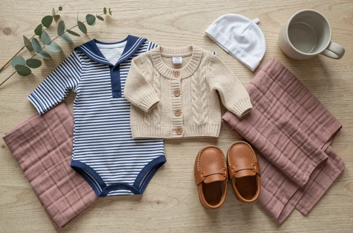 Flat-lay de vêtements essentiels pour bébé incluant barboteuse rayée, cardigan tricoté beige, chaussons en cuir et bonnet en coton sur bois clair