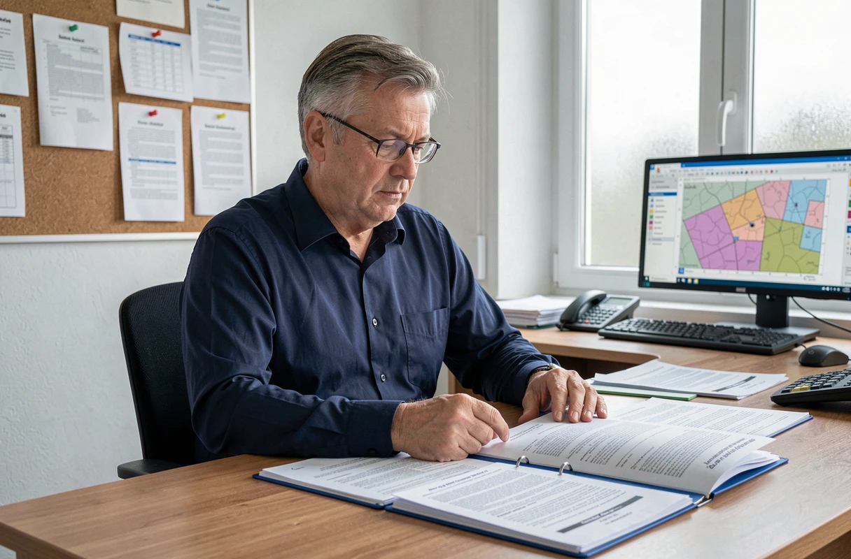 Fonctionnaire français examinant des documents réglementaires sur les mobil-homes dans un bureau administratif