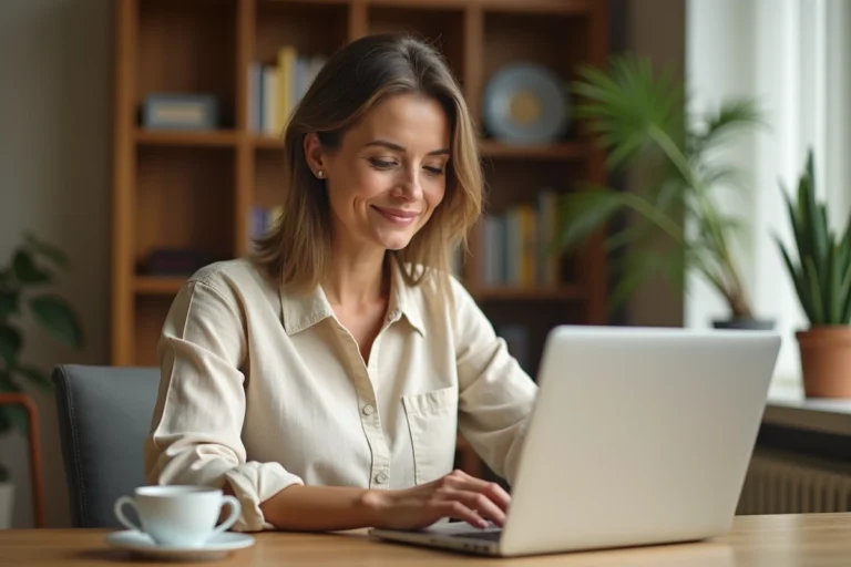Femme gérant son compte bancaire CA Côtes d'Armor en ligne sur un ordinateur portable depuis son bureau à domicile