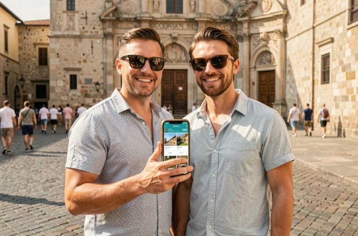 Couple réservant des activités touristiques sur GetYourGuide devant un monument historique