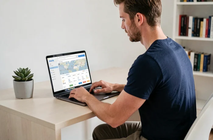 Homme comparant les prix de vols sur Google Flights depuis son bureau à domicile