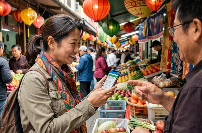 Voyageuse utilisant Google Translate sur son téléphone pour communiquer avec un vendeur dans un marché asiatique