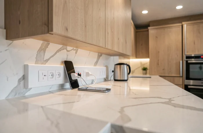 Goulotte à prise intégrée blanche installée sous les meubles hauts d'une cuisine moderne avec appareils branchés