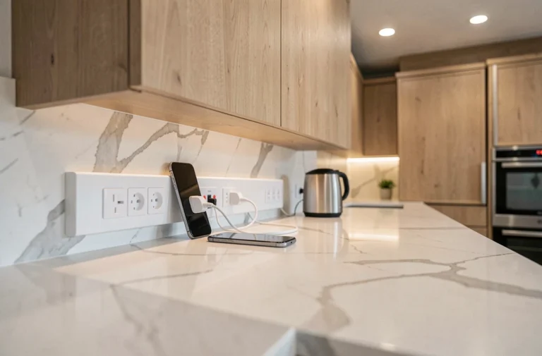 Goulotte à prise intégrée blanche installée sous les meubles hauts d'une cuisine moderne avec appareils branchés
