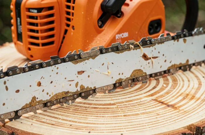 Gros plan sur la chaîne et le guide-chaîne de la Ryobi OCS1830 18V posée sur une bûche de pin coupée