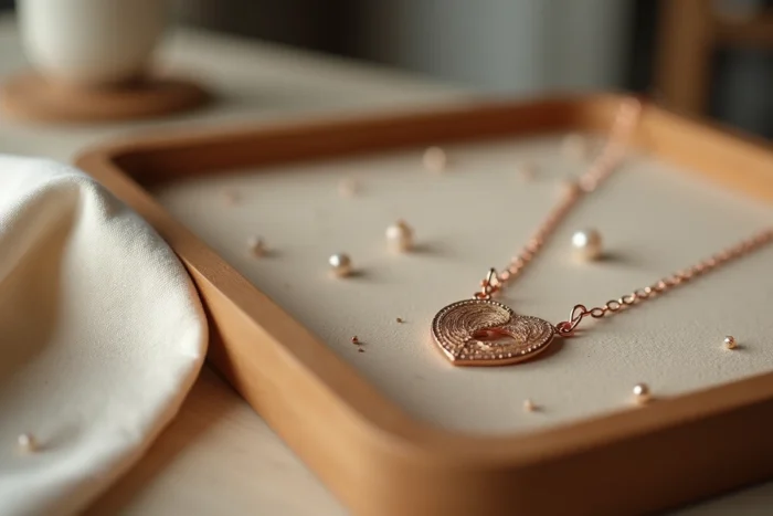 Gros plan d'un collier bola de grossesse doré sur un plateau en bois entouré de perles, style catalogue bijouterie artisanale