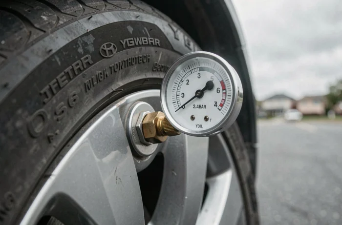 Gros plan sur un manomètre de pression fixé sur la valve d'un pneu de Toyota Yaris hybride avec marquages de flanc visibles