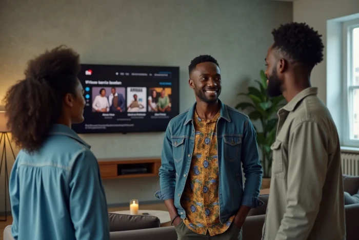 Groupe d'adultes regardant ensemble Wookafr TV sur un téléviseur dans un appartement moderne