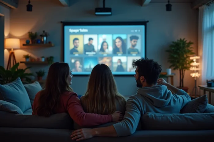 Groupe d'amis choisissant un film sur une plateforme de streaming gratuite dans un appartement moderne