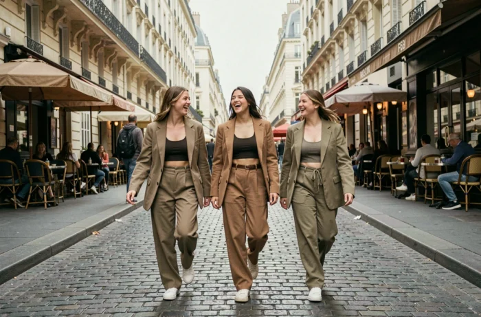 Groupe de jeunes femmes en tenue FB Sister se promenant dans une rue piétonne parisienne tendance