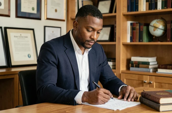 Portrait d'un homme d'origine nord-africaine consultant ses notes dans un bureau studieux, évoquant la biographie et le parcours de vie de Haron Tanzit