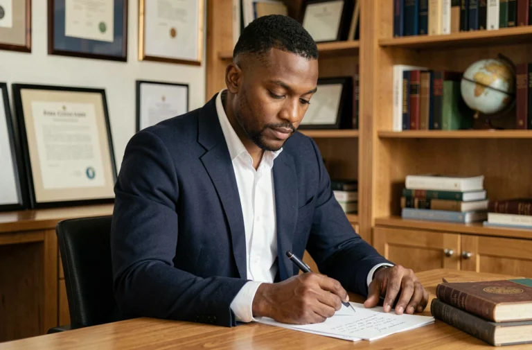 Portrait d'un homme d'origine nord-africaine consultant ses notes dans un bureau studieux, évoquant la biographie et le parcours de vie de Haron Tanzit