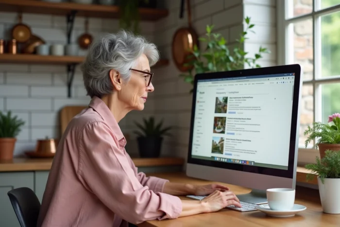 Femme d'âge mûr consultant l'historique des annonces publiées sur Le Bon Coin depuis un ordinateur de bureau dans une cuisine française