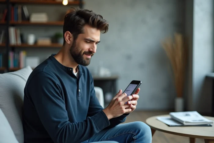 Homme consultant l'historique de ses annonces Le Bon Coin sur smartphone dans un appartement moderne