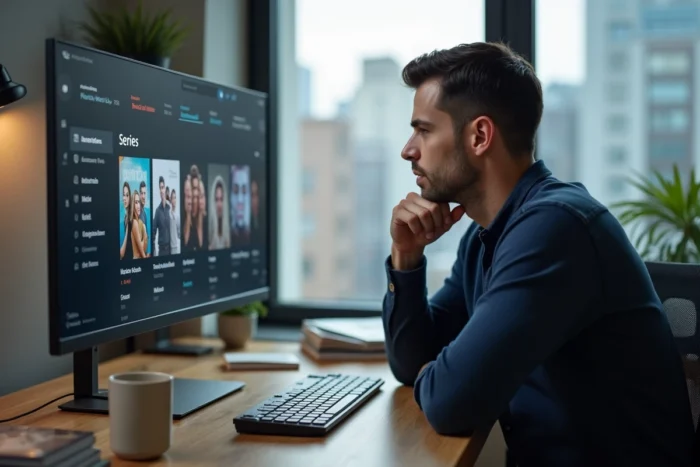 Homme consultant les actualités des séries TV sur un grand écran dans un bureau moderne