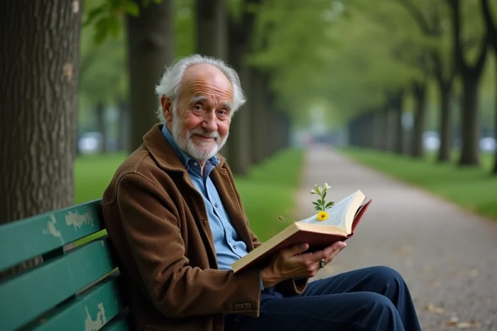 Homme âgé souriant avec un livre de poésie et une fleur séchée dans un parc, évoquant un amour inattendu retrouvé