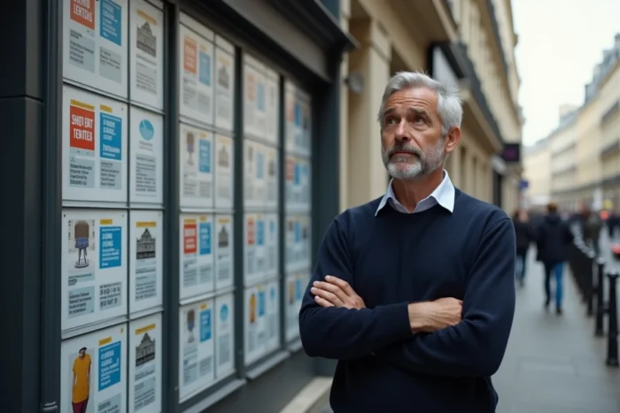 Homme face à une façade parisienne couverte d'annonces de location saisonnière en 2026