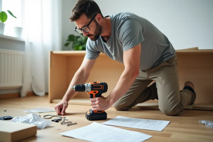 Homme assemblant un meuble en kit avec perceuse et outils dans un appartement moderne lors d'un projet DIY
