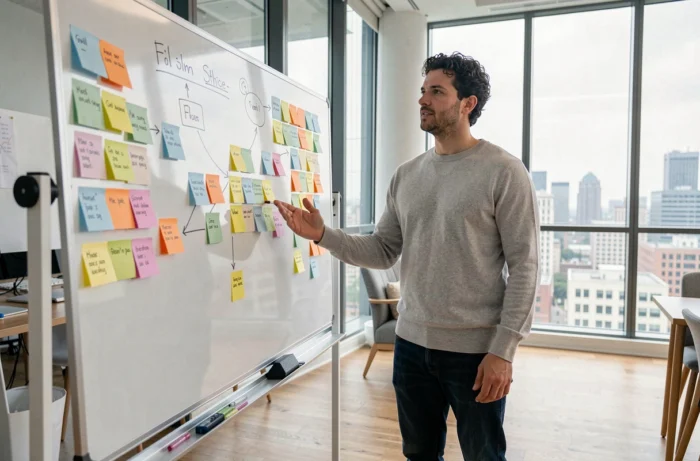 Homme professionnel concentré devant un tableau de brainstorming dans un espace de travail collaboratif avec vue urbaine