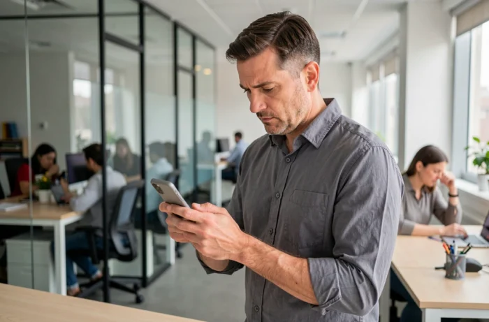 Homme en bureau vérifiant l'authenticité d'avis clients sur smartphone pour éviter les faux témoignages