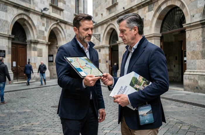 Homme consultant une carte de voyage interactive sur tablette dans une place historique européenne