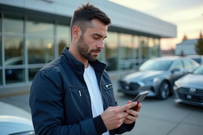 Homme comparant des voitures sur une application mobile dans un parking de concession automobile