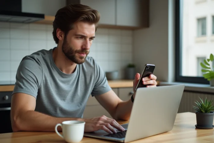Homme configurant un compte email universitaire Zimbra sur iPhone en suivant un tutoriel sur ordinateur portable
