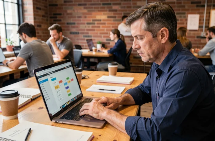 Homme utilisant un ordinateur portable pour explorer la carte du site d'un média en ligne dans un espace de coworking
