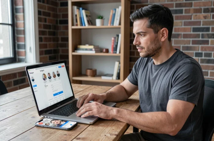 Homme créant un second compte Instagram sur ordinateur portable avec smartphone posé sur le bureau