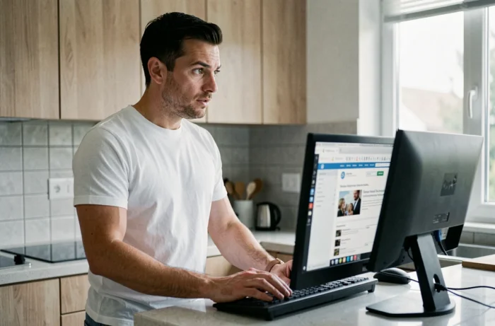 Homme debout dans une cuisine moderne cherchant la nouvelle adresse d'un site de téléchargement sur ordinateur
