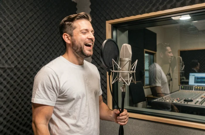 Homme chantant devant un microphone professionnel dans une cabine d'enregistrement studio assisté par intelligence artificielle