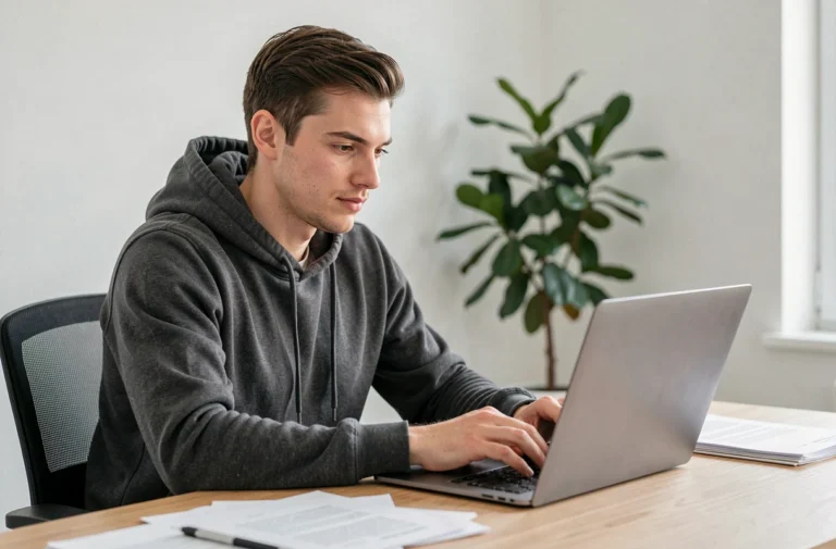 Jeune homme naviguant sur un site de téléchargement depuis son bureau à domicile