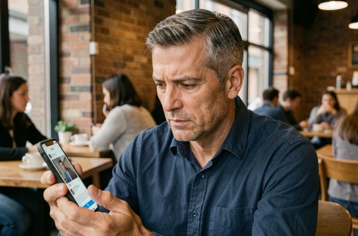 Homme d'âge mûr regardant les notifications Facebook sur son smartphone dans un café urbain, interrogatif sur la confidentialité de son profil