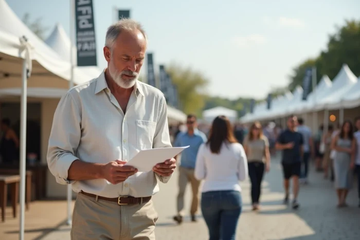 Homme consultant un programme d'exposition lors d'une foire d'art contemporain en plein air avec des pavillons en arrière-plan