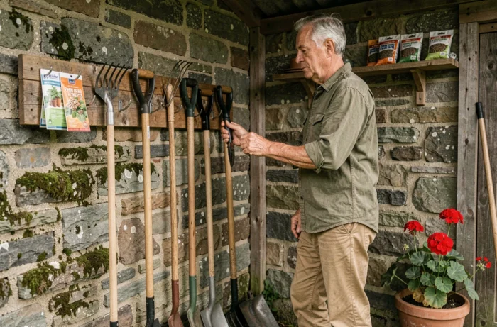 Homme rangeant des outils de jardinage sur un râtelier mural en pierre dans un abri de jardin rustique