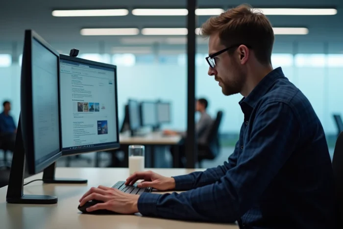 Homme effectuant une recherche inversée d'image en ligne dans un espace de travail professionnel pour identifier une plage Pix