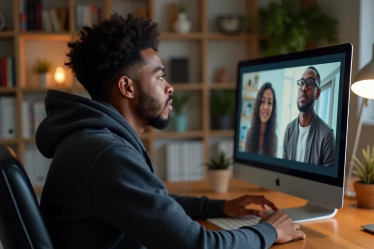 Homme regardant la plateforme de streaming Wookafr TV sur un ordinateur de bureau à domicile