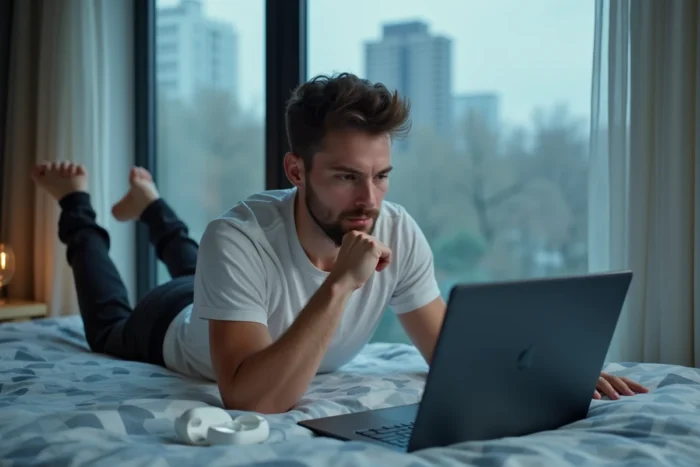 Homme allongé sur son lit regardant un film en streaming sur ordinateur portable