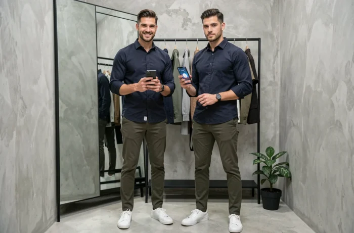 Homme tendance en tenue décontractée chic consultant une application mode sur smartphone dans une cabine d'essayage moderne