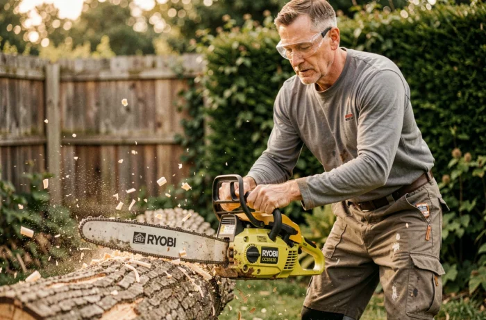 Homme utilisant la tronçonneuse Ryobi OCS1830 pour couper une bûche de chêne dans un jardin